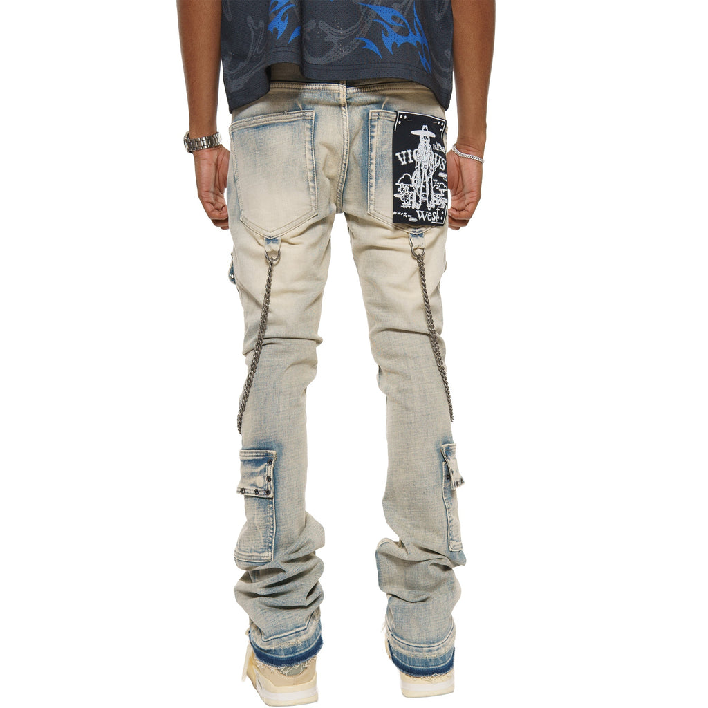 Flare fit denim pant w/ stone details + chains