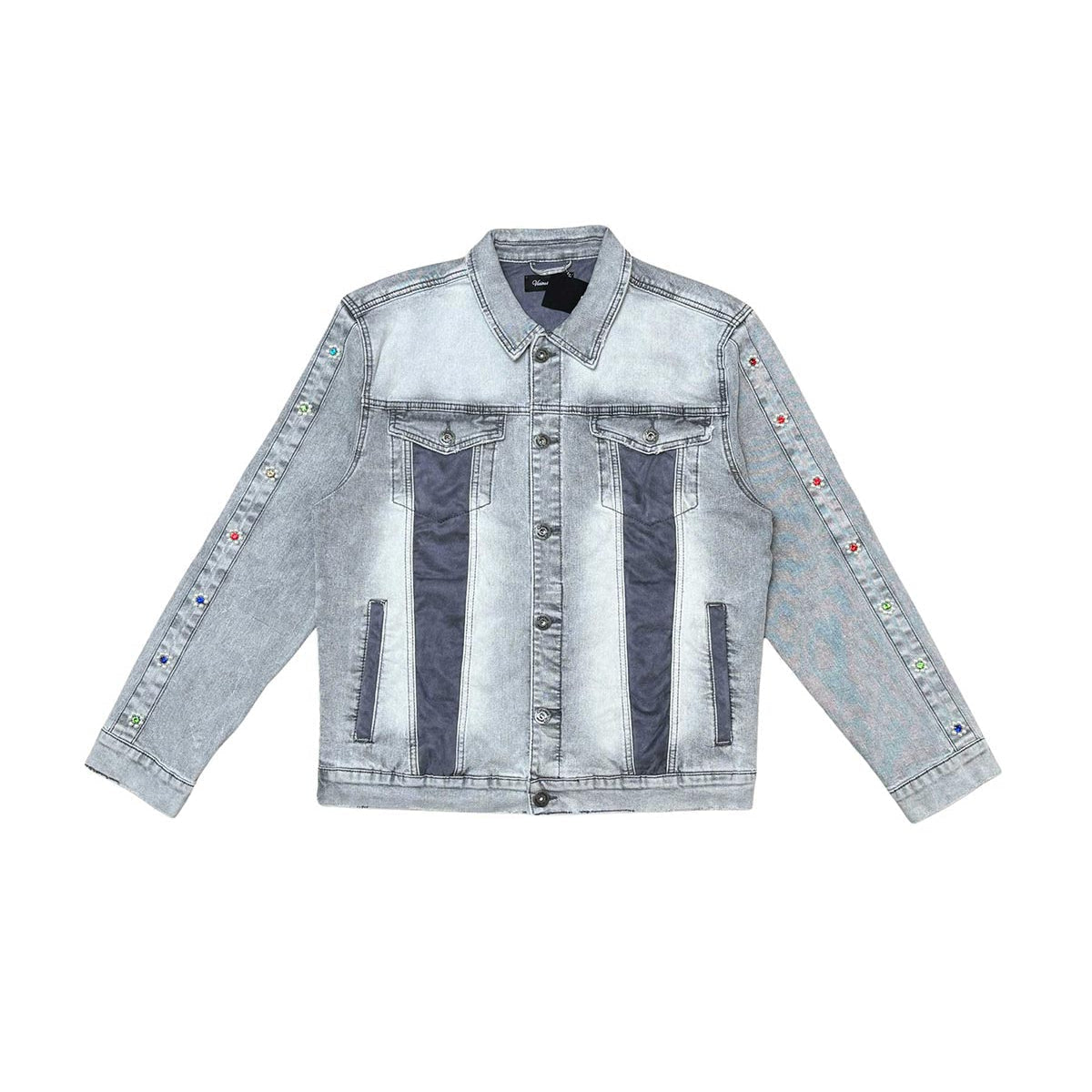 Denim jacket w/ suede cut & sew and pearl + gem stone details