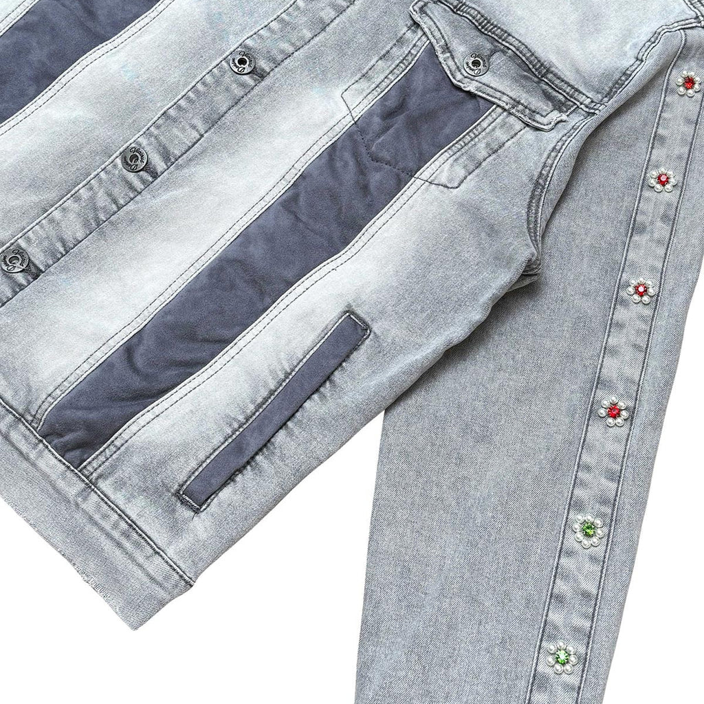 Denim jacket w/ suede cut & sew and pearl + gem stone details