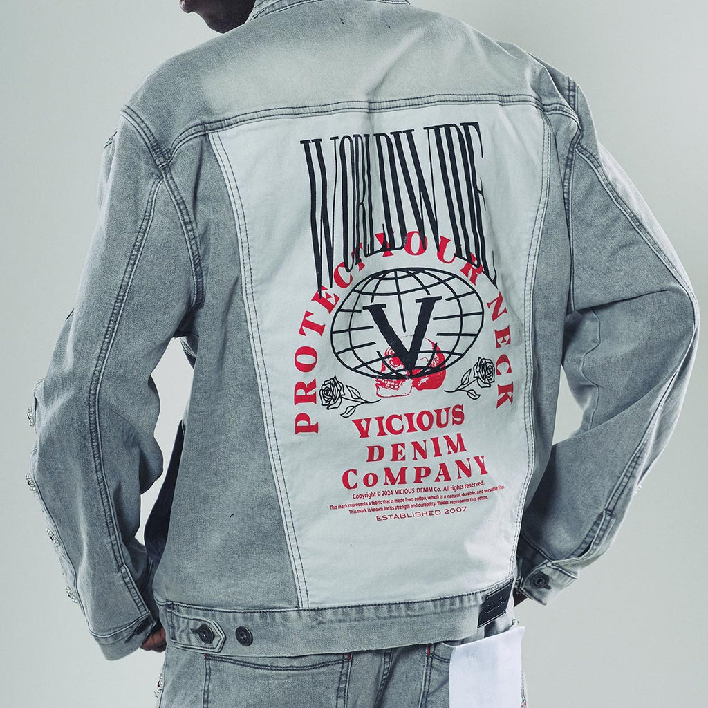 Denim jacket w/ suede cut & sew and pearl + gem stone details