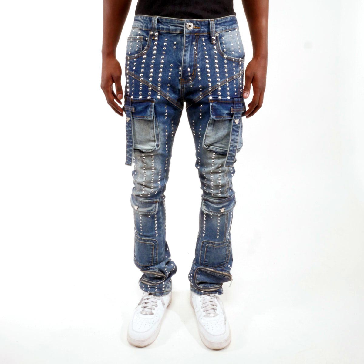 Silver studded muti cargo flare denim pant