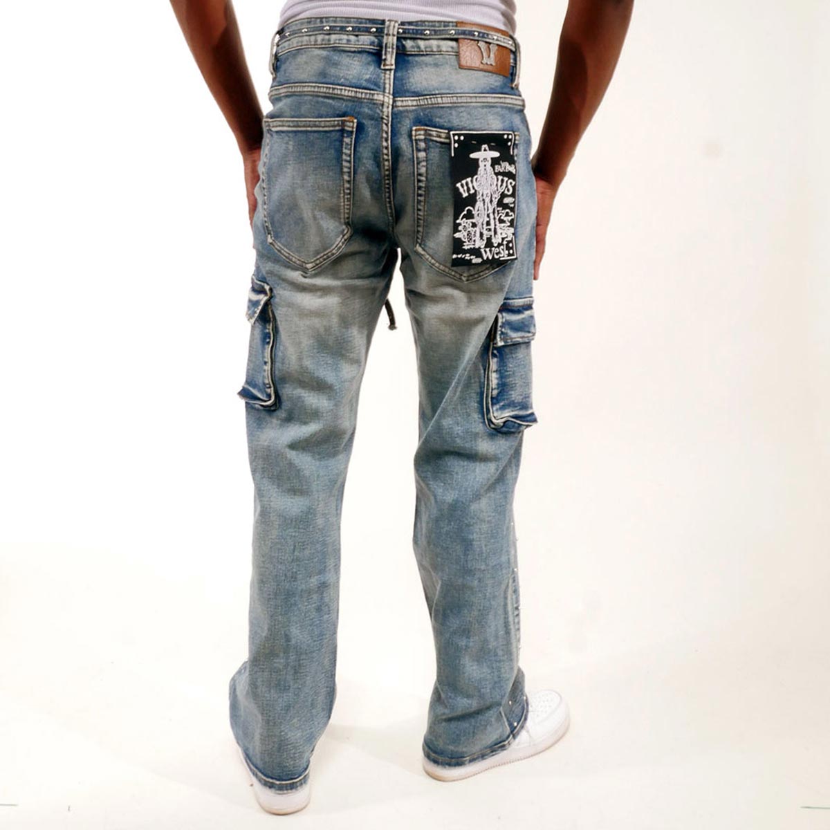 Pearl medium studded relaxed straight denim pant