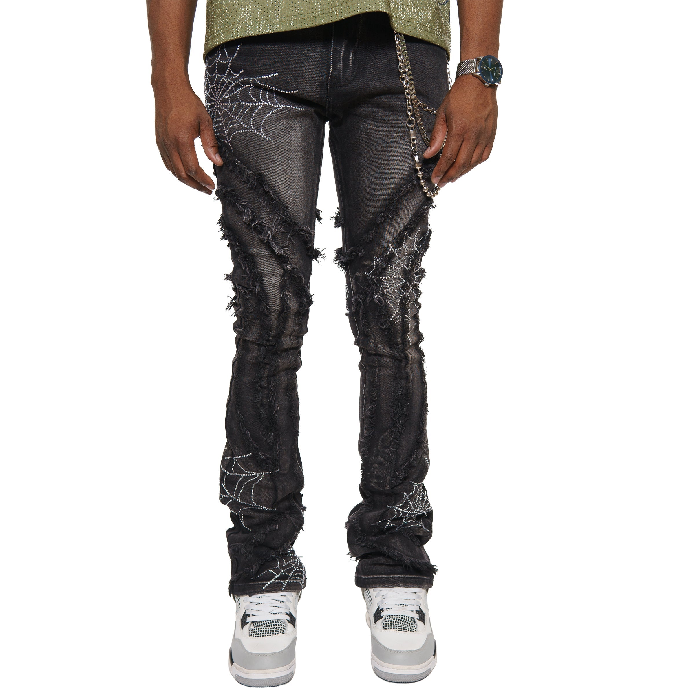 Stack denim pant w/ studded spider webs