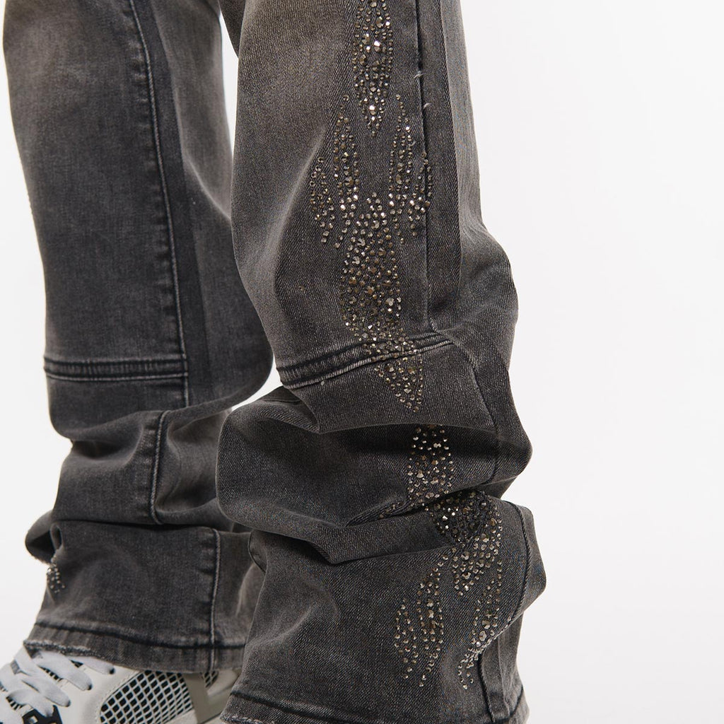 Carpenter flare denim pant w/ rhinestone details
