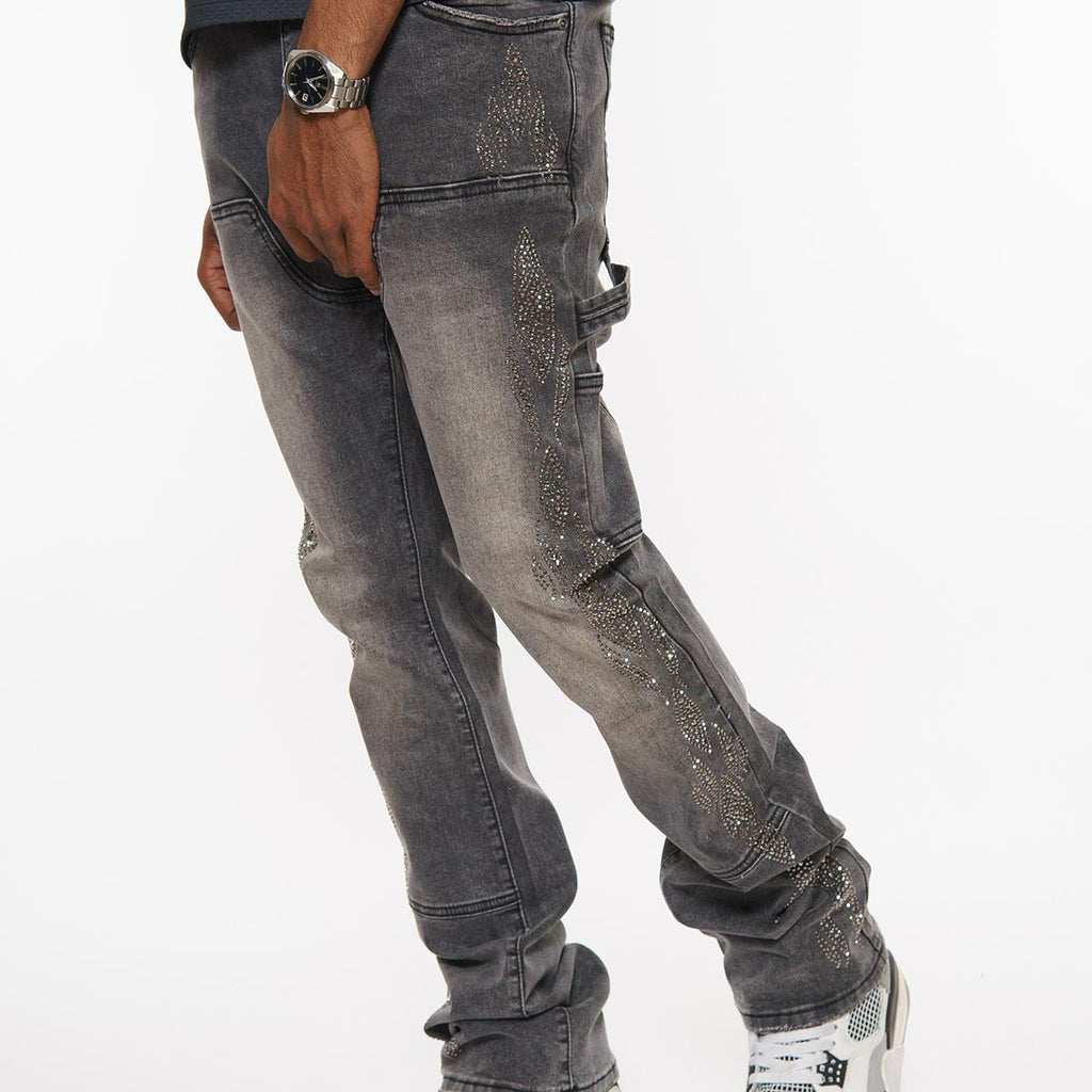 Carpenter flare denim pant w/ rhinestone details