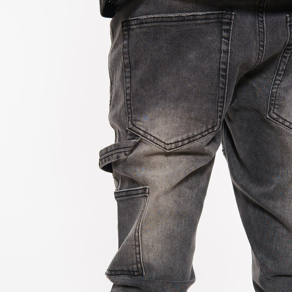 Carpenter flare denim pant w/ rhinestone details