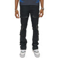 Wax coated cargo flare denim pant with side chains
