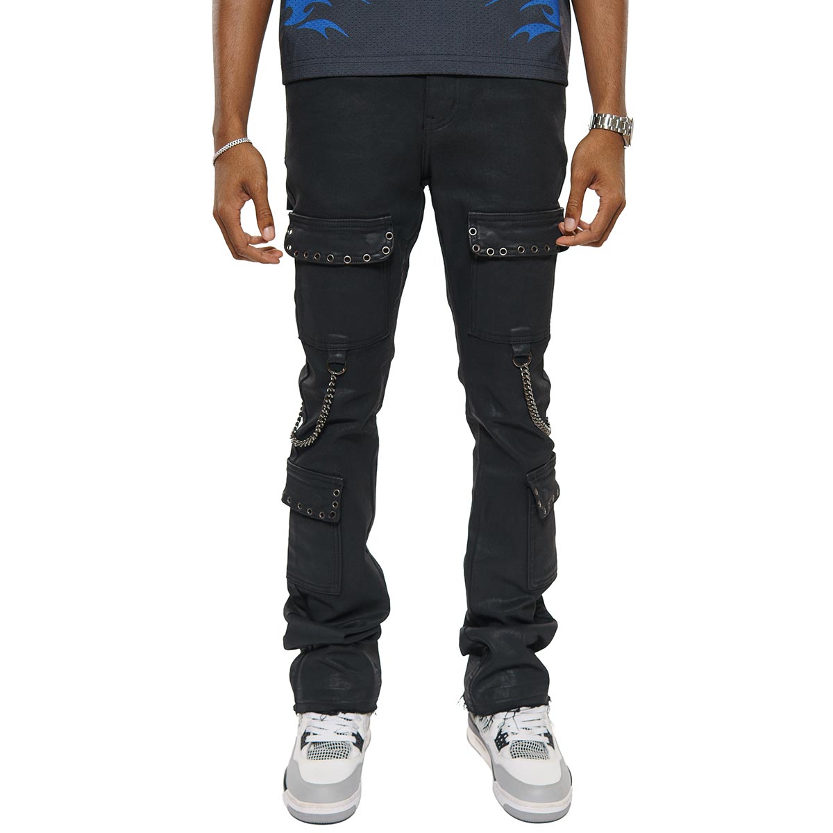 Wax coated cargo flare denim pant with side chains