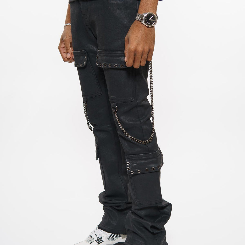 Wax coated cargo flare denim pant with side chains