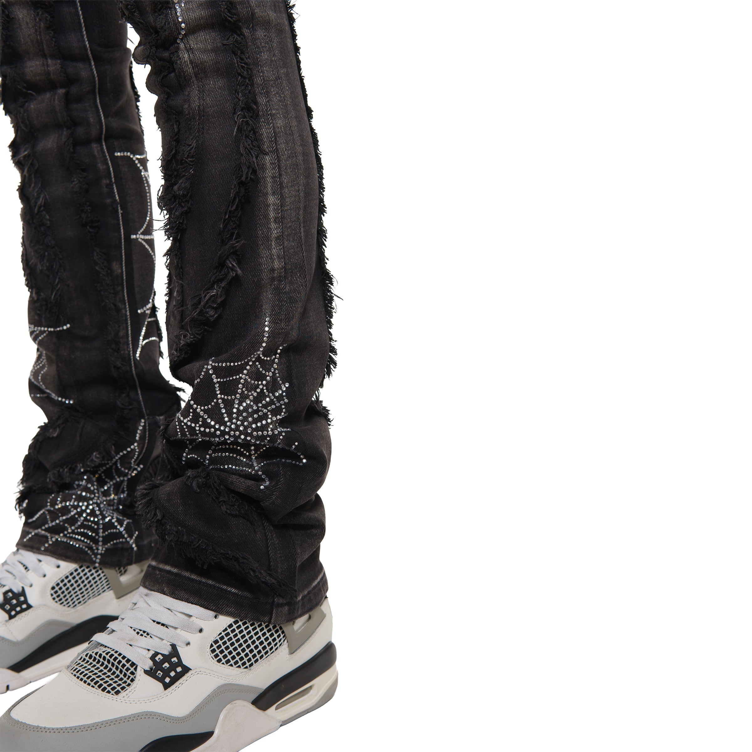 Stack denim pant w/ studded spider webs