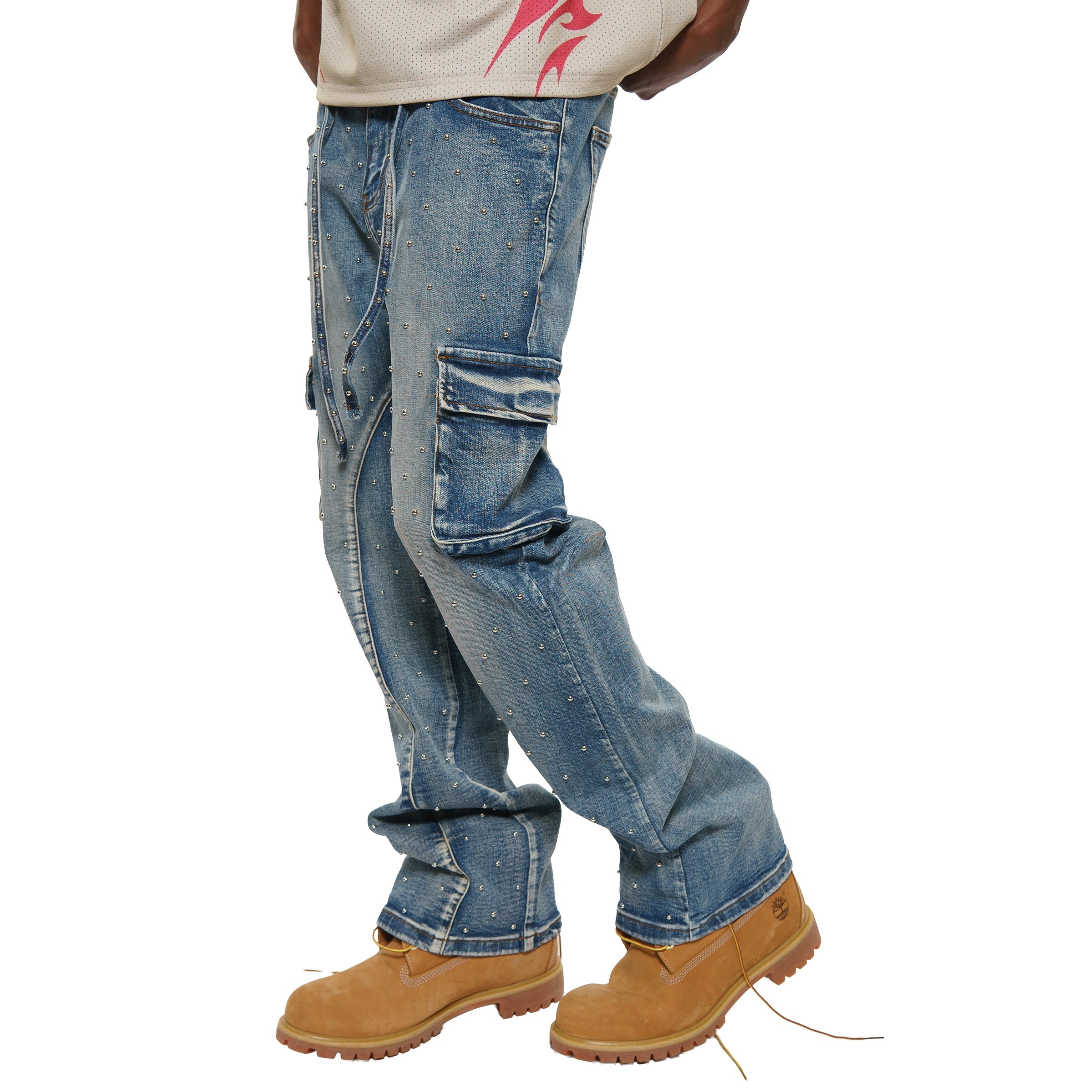 Pearl medium studded relaxed straight denim pant