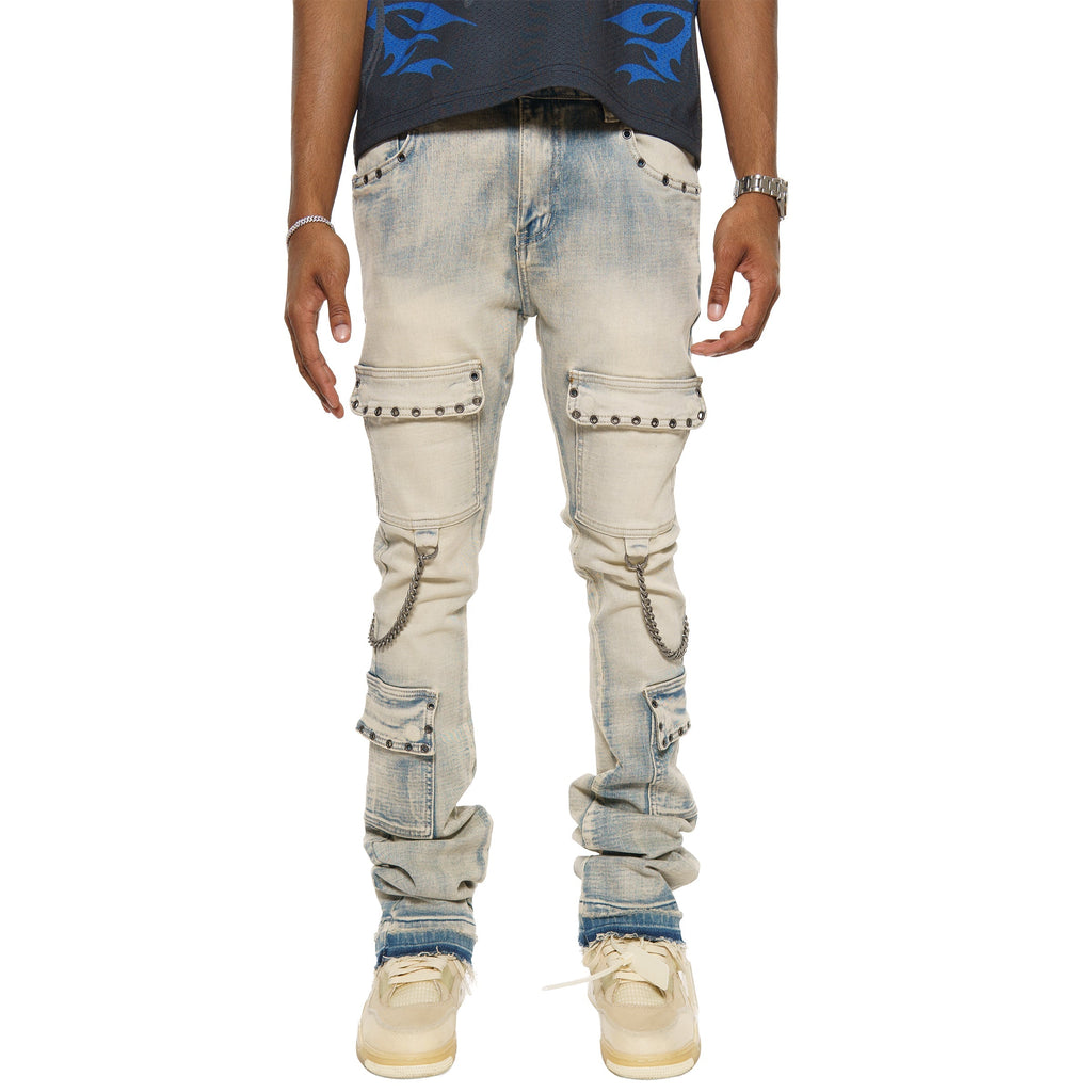 Flare fit denim pant w/ stone details + chains