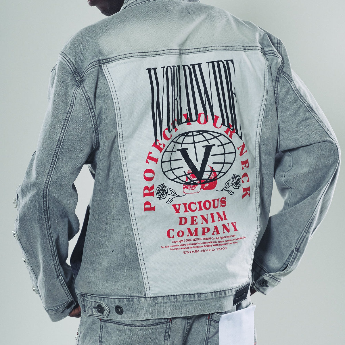 Denim jacket w/ suede cut & sew and pearl + gem stone details