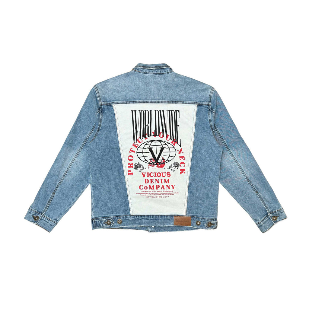 Denim jacket w/ suede cut & sew and pearl + gem stone details