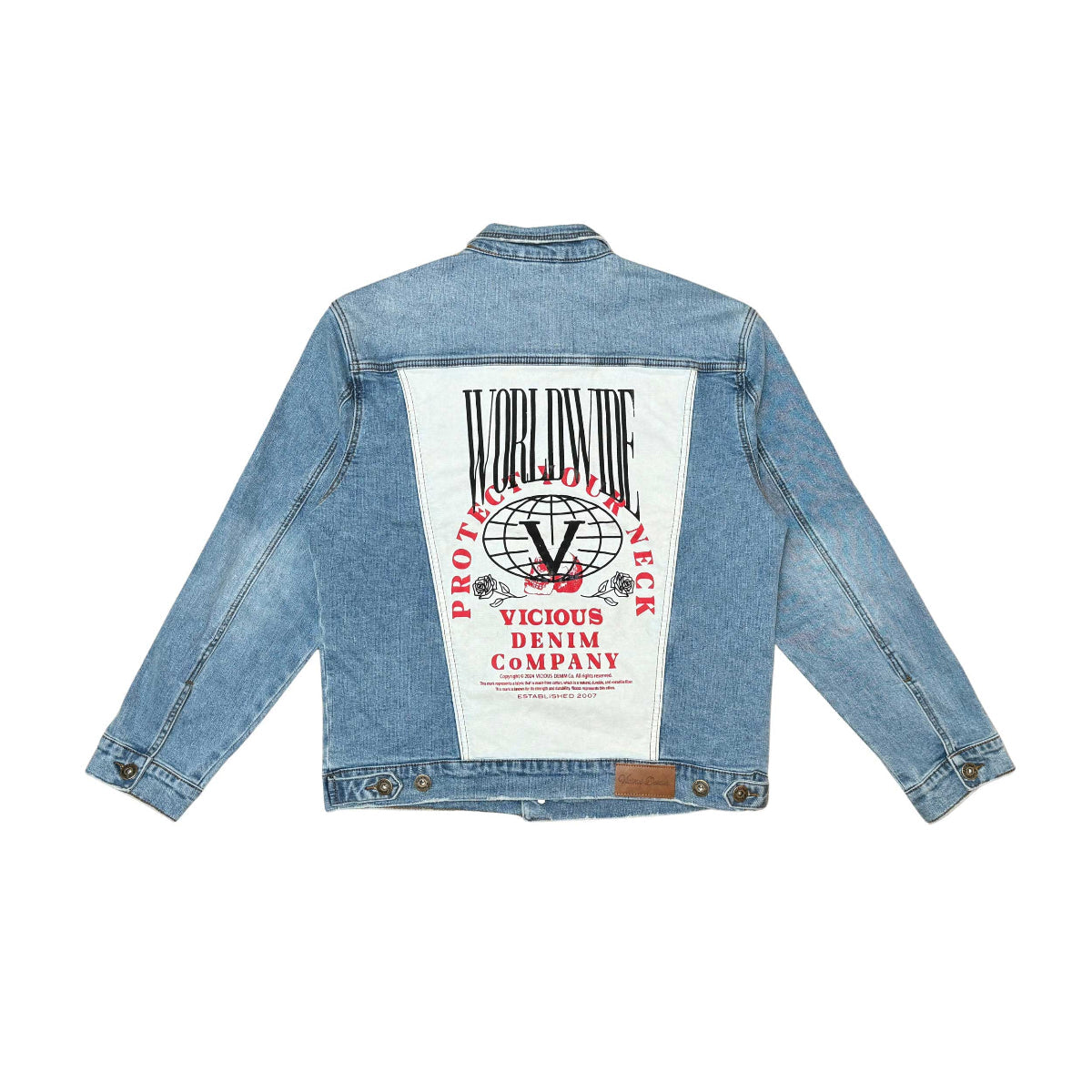 Denim jacket w/ suede cut & sew and pearl + gem stone details