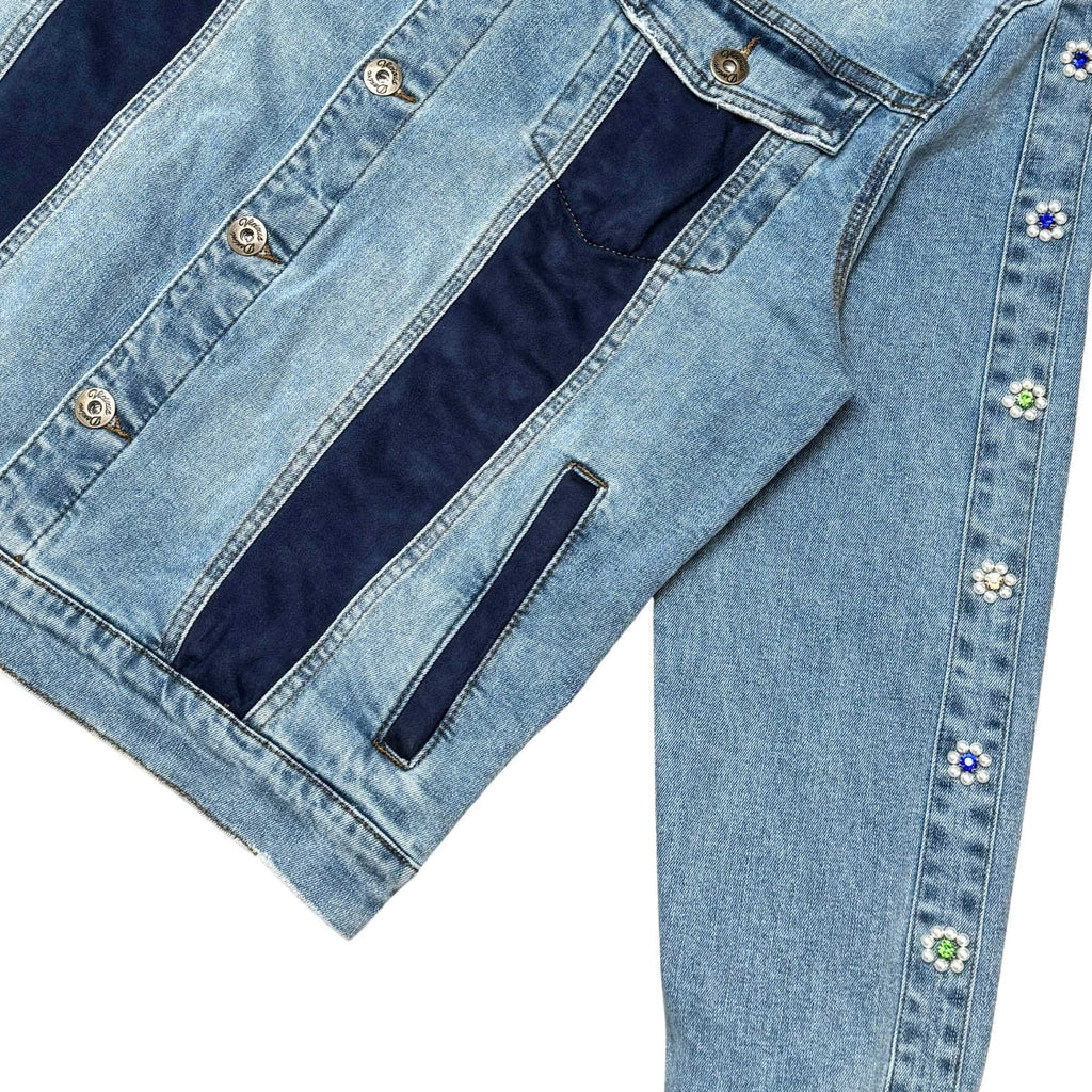 Denim jacket w/ suede cut & sew and pearl + gem stone details