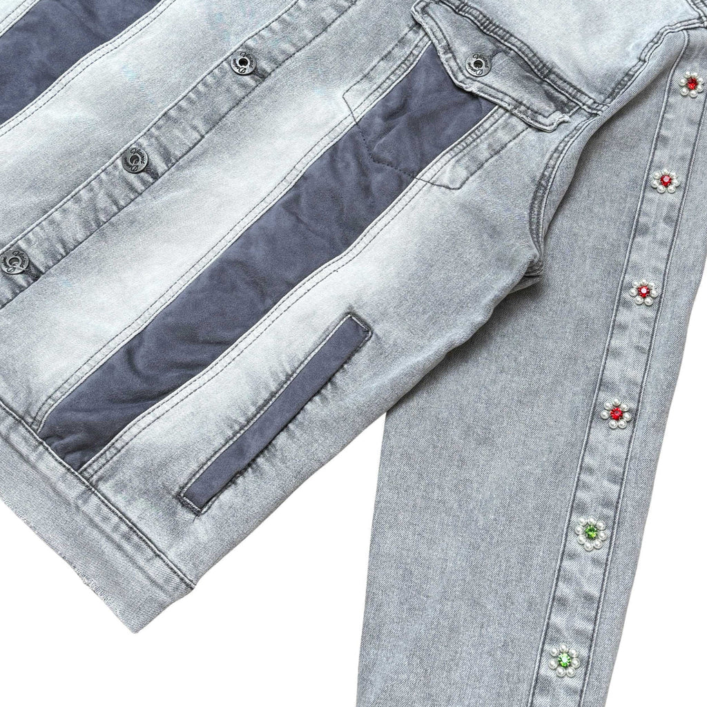 Denim jacket w/ suede cut & sew and pearl + gem stone details