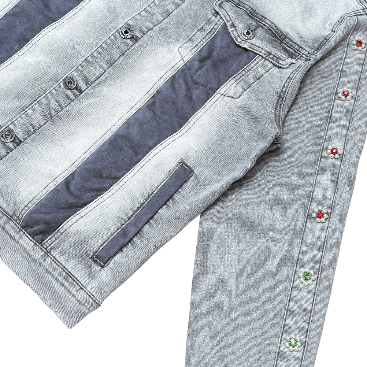 Denim jacket w/ suede cut & sew and pearl + gem stone details